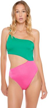 Green And Fucsia Print Cut Out One Shoulder One Piece