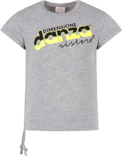 Grey T-shirt For Girl With Black And Neon Yellow Logo