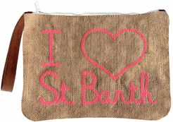 Jute Pochette Whit I Love St. Barth Writing Embroidered In Fluo Pink