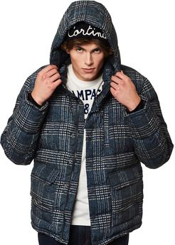 Blue Prince Of Wales Check Hooded Down Padded Jacket Wool Effect