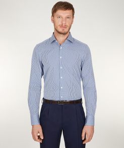 Camicia da uomo su misura, Canclini, Azzurra in Popeline di Cotone Microquadretto, Quattro Stagioni | Lanieri