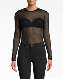 Nicole Miller Mesh Layering Knit Long Sleeve Tee In Black | Polyester | Size Extra Large