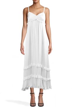 Nicole Miller Solid Silk W/ Picot Midi Dress In Ivory | Silk/Polyester | Size 14