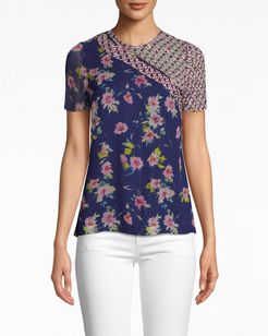 Nicole Miller Cosmo Flora T-Shirt In Cosmo Flora Navy | Silk/Polyester/Spandex | Size Extra Large
