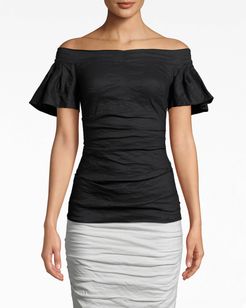 Nicole Miller Solid Cotton Metal Off The Shoulder Top In Black | Polyester/Spandex/Elastane | Size Extra Large