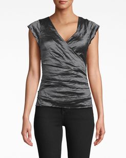 Nicole Miller Logan Techno Metal V-Neck Top In Navy Blue | Polyester/Leather/Elastane | Size Extra Large
