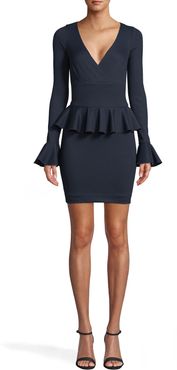 Nicole Miller Long Sleeve Ponte Peplum Dress In Navy Blue | Spandex/Rayon/Nylon | Size Extra Large