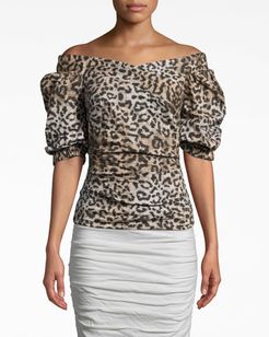 Nicole Miller Leopard Puff Sleeve Top In Leopard | Polyester/Spandex/Elastane | Size Extra Large