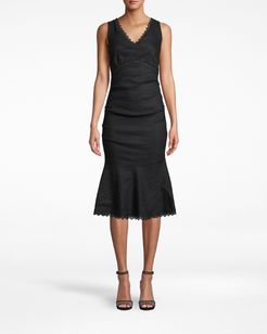 Nicole Miller Stretch Linen Midi Dress In Black | Polyester/Spandex/Viscose | Size 14