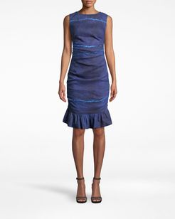 Nicole Miller Shibori Stripe Lauren Ruffle Bottom Dress In Shibori Stripe Indigo | Polyester/Spandex/Viscose | Size 14