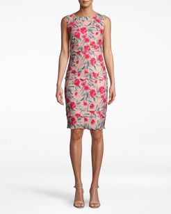 Nicole Miller Spring Garden Scallop Sheath Dress In Spring Garden Pink | Polyester/Spandex/Viscose | Size 14