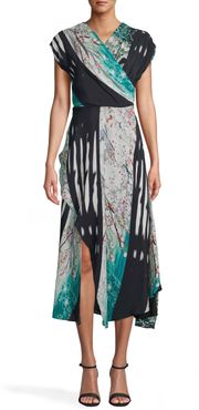Nicole Miller Shoji Stripe Surplice Midi Dress In Shoji Stripe | Silk/Viscose | Size 14