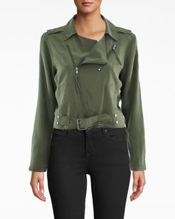 Nicole Miller Washed Habotai Kalysie Moto Jacket In Camouflage Green | Silk/Elastane | Size Extra Large