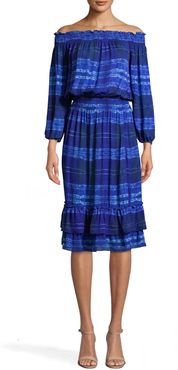 Nicole Miller Shibori Stripe Smocked Off The Shoulder Dress In Indigo | Silk/Viscose | Size Extra Large