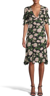 Nicole Miller Spring Dream V-Neck Ruffle Dress In Spring Dream Black | Silk/Polyester/Spandex | Size Extra Large