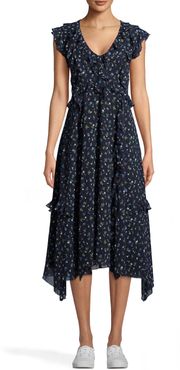 Nicole Miller Ditsy Floral V-Neck Ruffle Dress In Ditsy Floral Blue | Silk/Polyester/Spandex | Size 14