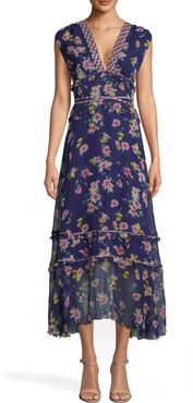 Nicole Miller Cosmo Flora Midi Dress In Cosmo Flora Navy | Silk/Polyester/Spandex | Size 14