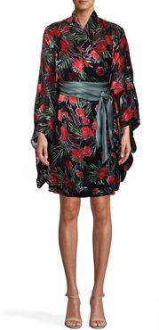 Nicole Miller Spring Garden Kimono Dress In Spring Garden Black | Silk/Viscose | Size Extra Large