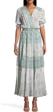 Nicole Miller Flower Dust Combo Maxi Dress In Aqua/Ivory | Silk | Size Extra Large