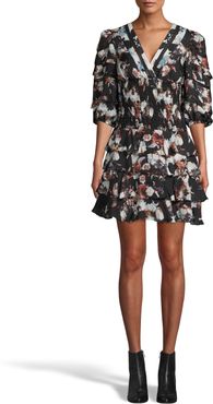 Nicole Miller Baroque Smocked Silk Ruffle Mini Dress | Silk/Polyester/Spandex | Size Extra Large