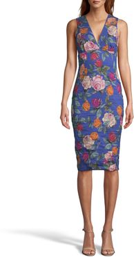Nicole Miller Reine Rose Cotton Metal Midi Dress In Sapphire | Polyester/Elastane/Cotton | Size 14