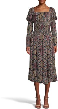 Nicole Miller Labyrinth Silk Smocked Waist Dress | Silk/Polyester/Spandex | Size 14