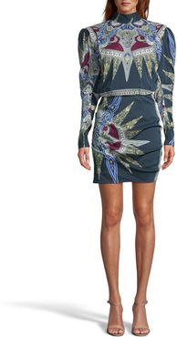 Nicole Miller Indigo Medallion Silk Mock Neck Mini Dress In Indigo | Silk/Polyester/Spandex | Size 14