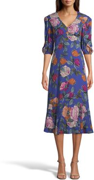 Nicole Miller Reine Rose Crepe V Neck Midi Dress In Sapphire | Polyester/Spandex/Viscose | Size Extra Large
