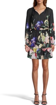 Nicole Miller Dutch Still Life Smocked Long Sleeve Dress | Silk/Polyester/Spandex | Size Extra Large