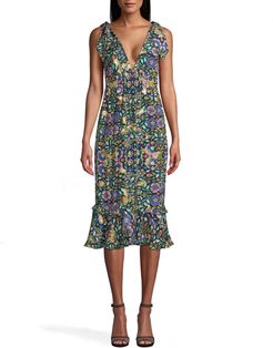 Nicole Miller Mosaic Lurex Smocked Tie Shoulder Dress | Silk/Polyester/Spandex | Size 14