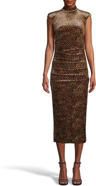 Nicole Miller Leopard Velvet Mock Neck Midi Dress In Leopard | Polyester/Spandex/Elastane | Size Extra Large