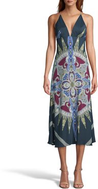 Nicole Miller Indigo Medallion Silk Midi Slip Dress In Indigo | Silk/Polyester/Spandex | Size 14