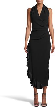 Nicole Miller Satin Back Crepe Midi Dress With Ruffle In Black | Polyester/Spandex/Viscose | Size 14