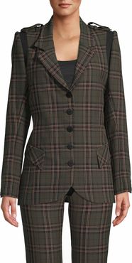 Nicole Miller Jagger Plaid Military Blazer In Olive Green | Polyester/Spandex/Viscose | Size Extra Large