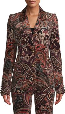 Nicole Miller Paisley Velveteen Blazer In Burgundy | Polyester/Spandex/Viscose | Size Extra Large