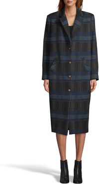 Nicole Miller Lurex Plaid Wool Long Coat In Black/Blue | Polyester/Cotton | Size Extra Large
