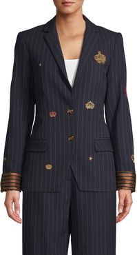 Nicole Miller Embroidered Pinstripe Boyfriend Blazer In Navy Blue | Silk/Polyester/Spandex | Size Extra Large