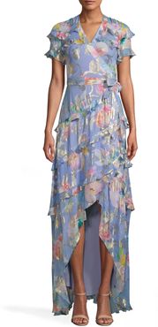 Nicole Miller La Fleur Silk Lurex High Low Wrap Dress | Silk/Polyester/Spandex | Size Extra Large