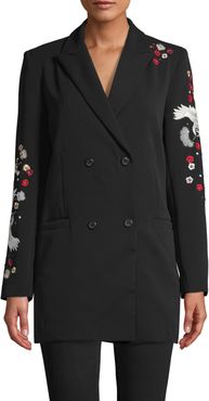 Nicole Miller Crane And Cherry Blossom Embroidered Blazer In Black | Size Extra Large