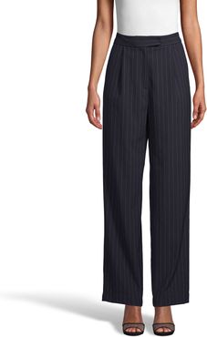 Nicole Miller Pinstripe Pleated Front Front Trouser Pant In Navy Blue | Polyester/Spandex/Viscose | Size 14