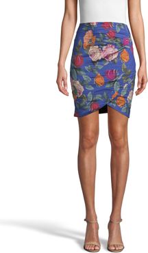 Nicole Miller Reine Rose Cotton Metal Faux Wrap Skirt In Sapphire | Polyester/Elastane/Cotton | Size 14