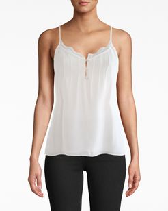 Nicole Miller Lace Trim Silk Cami Top In Ivory | Silk/Viscose/Leather | Size Extra Large