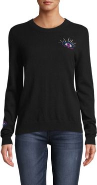 Nicole Miller Cashmere Crew Neck Evil Eye Sweater In Black | Size Extra Large