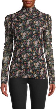 Nicole Miller Printed Mesh Long Sleeve Mock Neck Top In Rein Rose | Polyester/Leather/Nylon | Size Extra Large