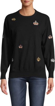 Nicole Miller Cashmere Crown Patch Crew Neck Sweater In Black | Leather/Cashmere | Size Extra Large