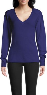 Nicole Miller Cashmere Puff Sleeve V Neck Sweater In Sapphire | Size Extra Large