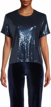 Nicole Miller Sequin T-Shirt In Night Sky | Polyester/Spandex/Rayon | Size Extra Large