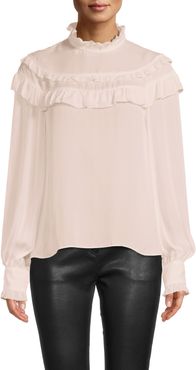 Nicole Miller Mock Neck Ruffle Top In Ivory | Silk/Viscose | Size Extra Large