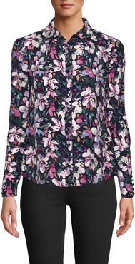 Nicole Miller Midnight Floral Boyfriend Blouse | Silk/Viscose | Size Extra Large