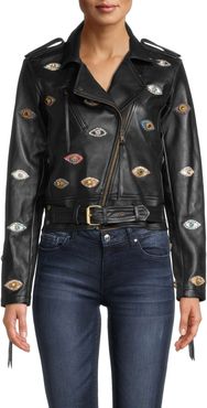 Nicole Miller Evil Eye Embellished Leather Jacket In Black | Viscose/Leather | Size Large